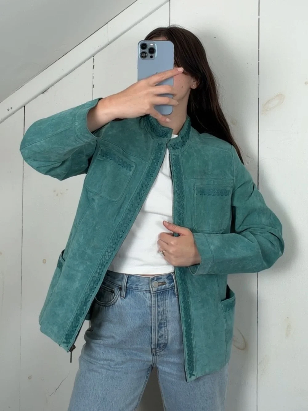 Y2K Bradley Teal Blue Suede Leather Jacket Women’s M Mandarin Collar Woven Trim - Picture 1 of 16